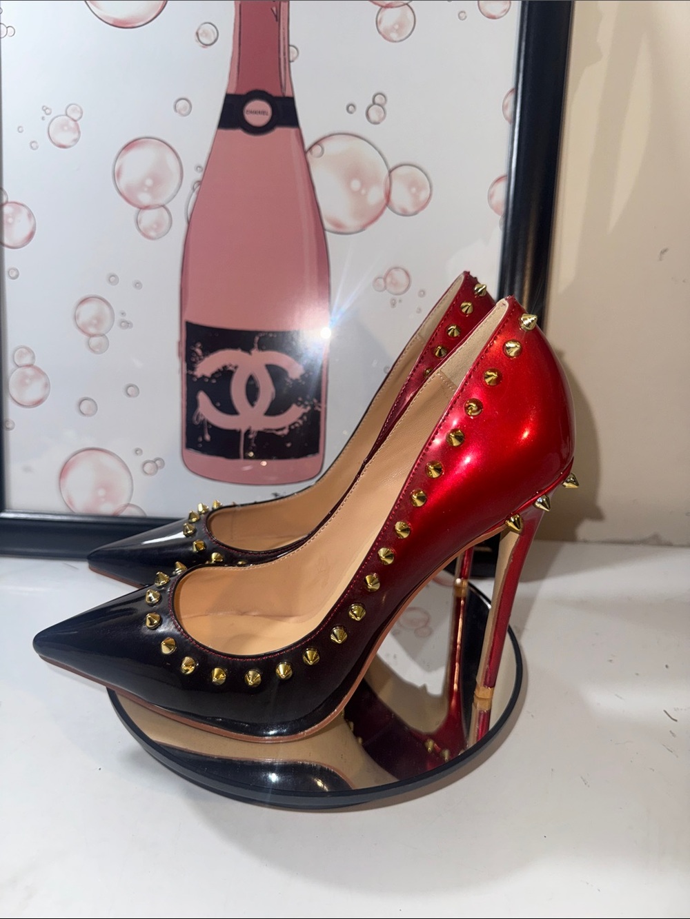 FSJ Red and Black Studded Pointed-Toe Stiletto Pumps - Women’s Size 5